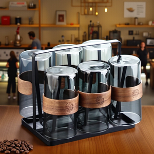 300ml semplice vetro grigio fumo alto borosilicato colorato tazze da <span class=keywords><strong>caffè</strong></span> tè con manico in legno 6 pezzi set con supporto - Product Image 3