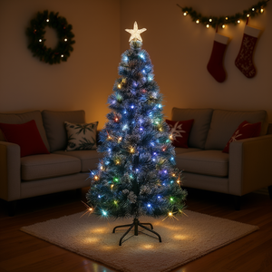 Sapin de Noël artificiel de 7 pieds en pin pré-éclairé avec 280 lumières LED multicolores, décoration intérieure, base de support, installation facile - Product Image 2