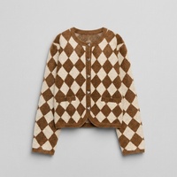 Cardigan en laine 100% biologique personnalisé à motif losanges, pull tricoté vintage pour femme avec boutons métalliques en forme de cœur, pull court côtelé