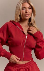 Cropped Zip Up Cinched Waist Women Long Sleeve Unbrushed Hoodies With Matching Shorts Sustainable 2 Pieces Tracksuit - Product Image 4