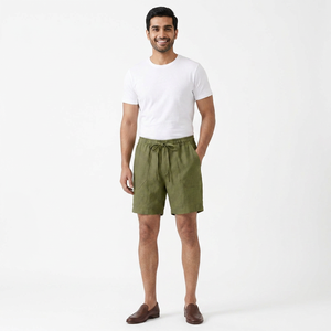 Short en coton et en lin brodé de logo personnalisé OEM avec cordon de serrage taille élastique couleur unie respirant expédition DDP - Product Image 1
