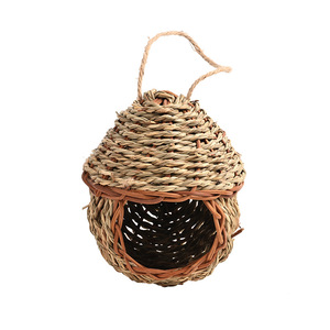 Nid d'oiseau en paille tissé à la main, 9x9x16 cm, rond, décoration de jardin extérieur avec corde, ornement suspendu pour oiseaux - Product Image 5