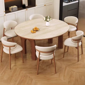 Nuovo Set Tavolo da Pranzo in Legno Massello Stile Francese Mid-Century 2026, Allungabile da Rotondo a Quadrato, Multifunzionale con Piano in <span class=keywords><strong>Lastra</strong></span> di <span class=keywords><strong>Marmo</strong></span> - Product Image 3