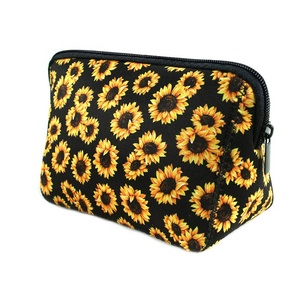 Sunflower Floral Waterproof Soft Neoprene Travel bag Zippered Storage Pouch Printing Toiletry Bag Pencil Case Makeup Bag