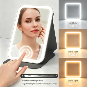 Espejo de Maquillaje Giratorio de Mesa con Luz LED Regulable de 3 Colores, Recargable, con Control Táctil, de Cuero PU, para Viajes, con Soporte para <span class=keywords><strong>iPod</strong></span> - Product Image 3