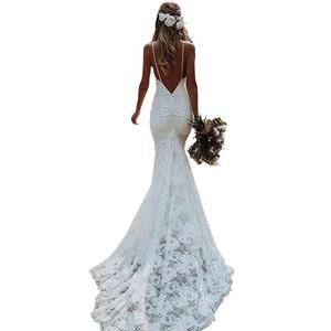 Gaun Pengantin Boho Mermaid V-Neck Tali Spaghetti Punggung Renda Rajutan Tulle Alami Panjang Menyentuh Lantai Layanan OEM untuk Pesanan Khusus - Product Image 6