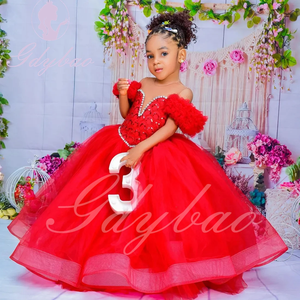 Tüll-Blumenmädchenkleid für Hochzeiten mit Perlen, Rüschen und Applikationen, Prinzessinnenkleid für Kindergeburtstage und Erstkommunion - Product Image 4