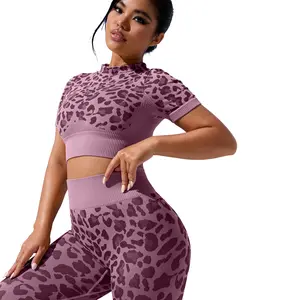 Conjunto de calças de ioga de manga curta com estampa de leopardo para corrida e esportes, moda de alta qualidade com estampa de leopardo