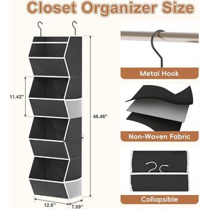 Hanging Closet Organizer 4 <b>Shelf</b> Foldable Fabric Storage For Bedroom Clothes With Mesh Pocket <b>Hook</b> Type 33x15x85cm - Product Image 3
