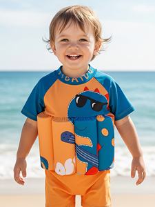 Traje de baño de una pieza de manga corta para niños con barra de flotación desmontable y cremallera trasera - Product Image 1