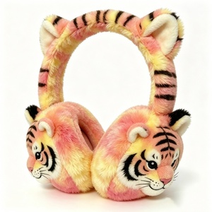 Orejeras de Peluche de Tigre Pastel Personalizadas, Suaves Orejeras de Invierno con Degradado Rosa-Amarillo para Niños, Lindas Orejeras con Cara de Tigre - Product Image 3
