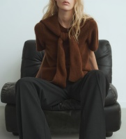 Pull en laine mélangée à manches courtes pour femmes-Pull coupe droite à col rond pour dames