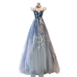 Abito blu 2024 estate nuove <span class=keywords><strong>maniche</strong></span> volanti <span class=keywords><strong>da</strong></span> donna abito lungo festa per adulti abito <span class=keywords><strong>da</strong></span> sera per banchetto - Product Image 1