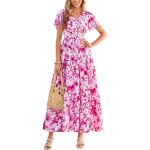 Women Summer <b>Maxi</b> Dress Short Sleeve V Neck Floral Tiered Boho A-Line Flowy Breathable Casual Beach Outfit - Product Image 1