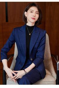<span class=keywords><strong>Veste</strong></span> de costume <span class=keywords><strong>bleu</strong></span> <span class=keywords><strong>marine</strong></span> à carreaux pour femmes de bureau, nouvelle mode, pantalon à jambes étroites, 81% polyester, 19% élasthanne, blazers professionnels - Product Image 3