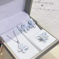Ensemble de bijoux en laiton plaqué platine de luxe avec papillon, collier, bague et boucles d'oreilles en perles d'eau douce naturelles pour femmes, anniversaire