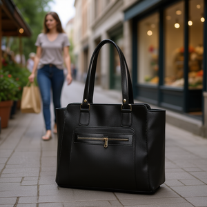 Bolsa de compras grande de yute negro Fana Itzira con bolsillo con cremallera para mujer - Product Image 2