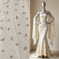 Tissu en viscose texturé froissé mat A046, orné de perles à la main en forme de feuilles éparpillées