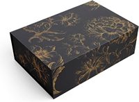 Boîte cadeau magnétique pliable noire avec imprimé pivoine dorée vintage, emballage rigide plat facile à assembler
