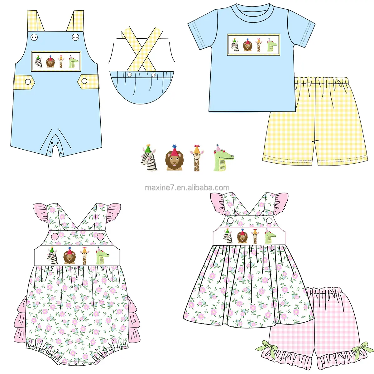 Factory Price Toddler Girl Pink Gingham Shorts Custom Pattern Outfits Set Cute Animal Embroidery Kids Clothing Wholesale