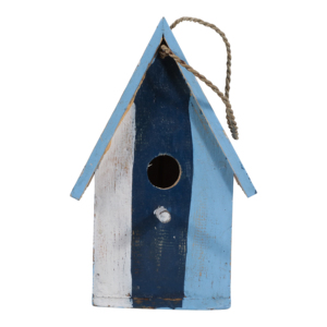 Casetta per Uccelli in Legno Decorativa da Appendere per Giardino Esterno Finestra Blu e Bianca a Righe - Product Image 1