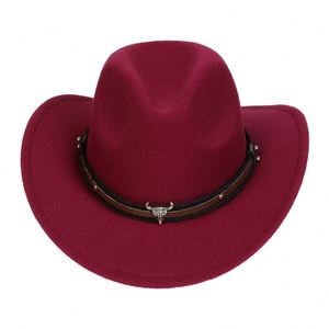 Chapeau de cowboy occidental à large bord en feutre pour enfants, avec accessoire tête de taureau en feutre à poils relevés, couleur unie - Product Image 3
