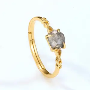 925 Sterling Silver Jewellery 18K Gold Plated Vintage Labradorite Gemstone Rings Women