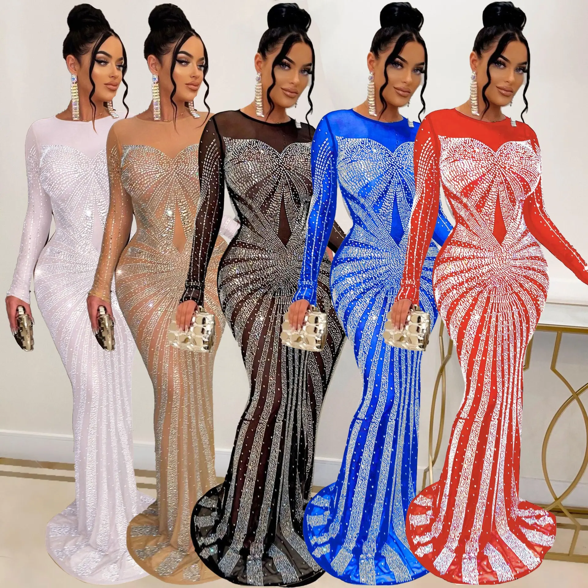 Sexy Mesh Sheer Rhinestone Long Maxi Dresses Women Evening Gowns See Through Nightclub Outfits Party Bodycon Diamond Prom Dress