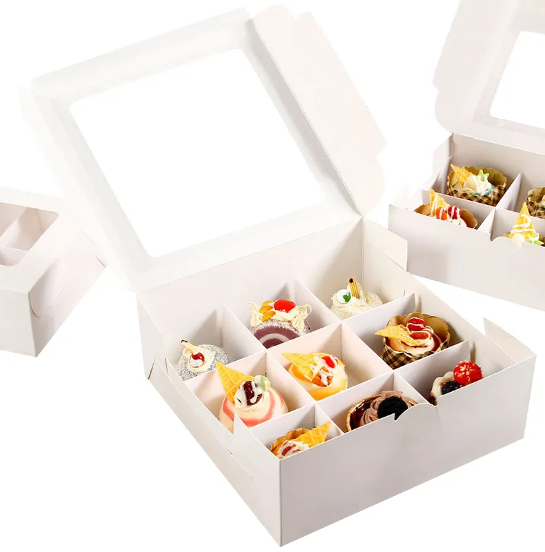 Vente en gros de boîte à gâteau en treillis avec logo personnalisé neuf palais cupcake macarons boîte carrée pliable avec fenêtre