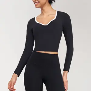 Luz de Alta Qualidade Pescoço Outfit Blusa Top Gym Yoga Sports Work Out Fitness Manga Comprida Camisas Túnica com Almofada Removível das mulheres