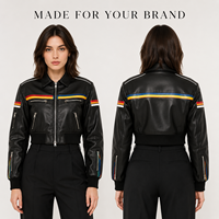 Blouson Moto en Cuir Noir Court pour Femme, Style Biker Rayé, avec Fermeture Éclair, Personnalisable (OEM, Marque Privée, Fabrication en Usine)