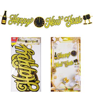 Pancarta de Feliz Año Nuevo con Purpurina Negra, Pancarta de Feliz Año Nuevo para Suministros de Fiesta de Nochevieja - Product Image 4