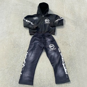 Ensemble de survêtement personnalisé évasé deux pièces unisexe, ensemble jogging délavé à l'acide avec sweat à capuche zippé et pantalon de survêtement, survêtement personnalisé - Product Image 3