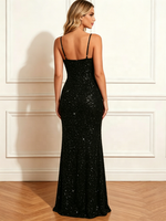 Fabricant de robes de soirée sirène personnalisées en gros, à bretelles spaghetti, col en V profond, à sequins et fente haute