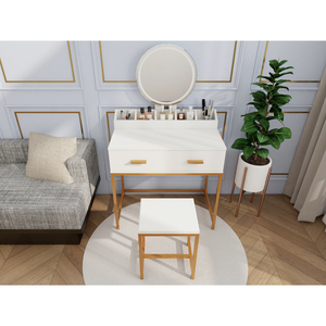 <b>Vanity</b> Set With <b>Mirror</b> And Stool White Gold Makeup <b>Table</b> With Storage Drawers Space Saving Design - Product Image 4