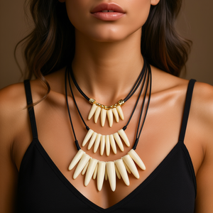 Collar Bohemio de Varias Capas con Colgantes de Dientes de Marfil, Cordón Negro, Cierre Dorado, Joyería de Moda Unisex - Product Image 3