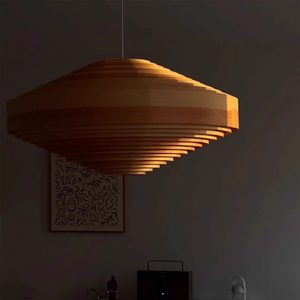 Luminaire suspendu de style Bauhaus, diamètre 60 cm 80 cm, abat-jour rond en bois, ampoule E27 à économie d'énergie, éclairage pour la maison, le restaurant, le balcon - Product Image 5