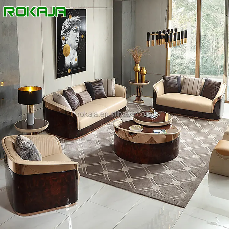 High Grade Italian Style Whole House Furniture Villa Sofa Luxury Solid Wood Leather Sofa Set With Gold Sofa Leg