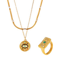 Ensemble collier et bague œil porte-bonheur en zircon pour femme, couleur or, bijoux fantaisie, vente en gros
