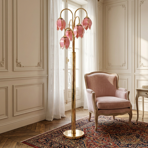 Lámpara de Pie de Estilo Art Deco con Flores de Vidrio Color Rosa y Base con Aspecto de Latón - Product Image 3