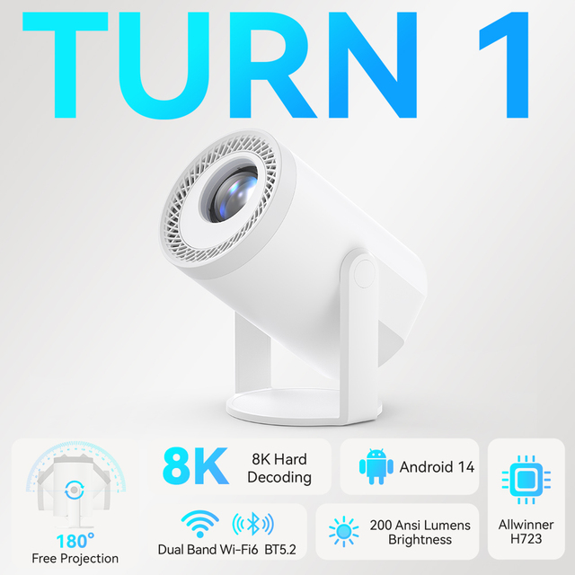Home Theater Portable Projector 8K 1080p Indoor/Outdoor Movie Projector Video 200ANSI Lumens Android 14 OEM Color