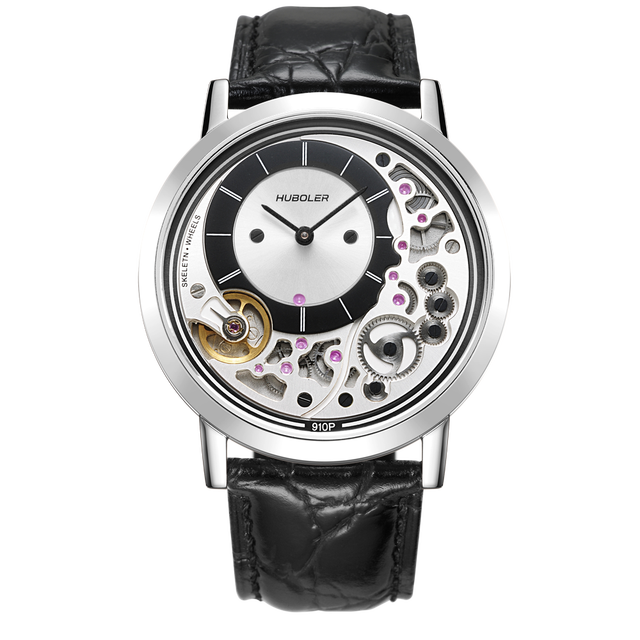 Hollow Automatic Watch Men Minimalist Open Mechanical Watch Crystal Stainless Steel Black Leather Strap Ultra Thin Business