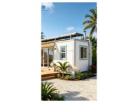 Maison préfabriquée de luxe en conteneur, 1 chambre, 1 salle de bain, villa écologique tropicale, panneaux solaires, revêtement blanc, portes coulissantes bleues, terrasse en bois, clé en main