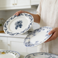 4Pcs Piring Keramik Biru Bermotif Bunga, Piring Makan Porselen Botani Vintage untuk Makan & Dekorasi