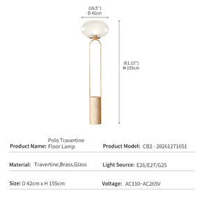 Lampe sur pied moderne de luxe pour hôtel, salon, décoration, base en <span class=keywords><strong>travertin</strong></span> beige, abat-jour en verre transparent, arche en laiton, lampe LED Polo en <span class=keywords><strong>travertin</strong></span> - Product Image 4