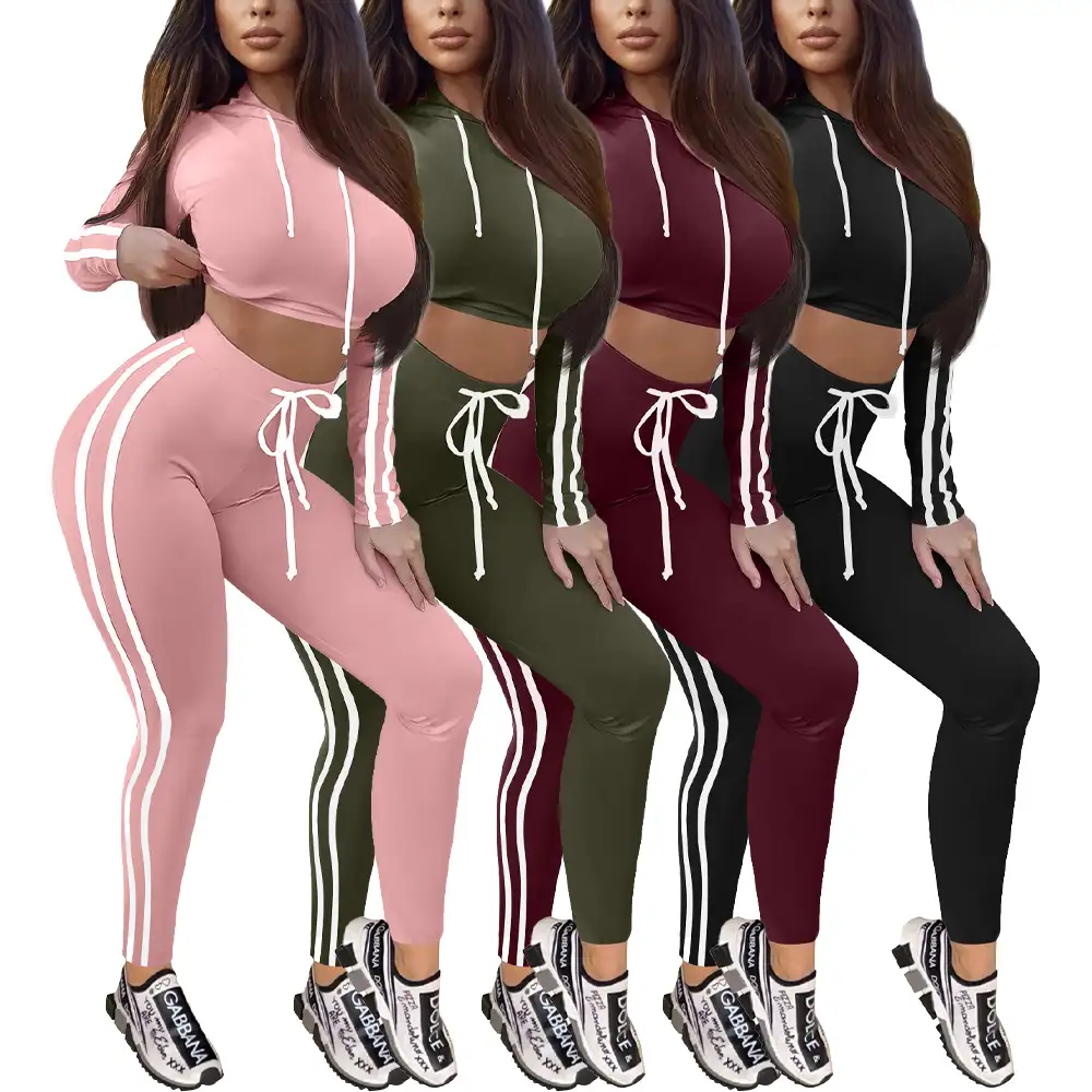 Yeni tasarım çizgili İpli hoodie seti kadın eşofman İki adet pantolon seti kadınlar için eşofman