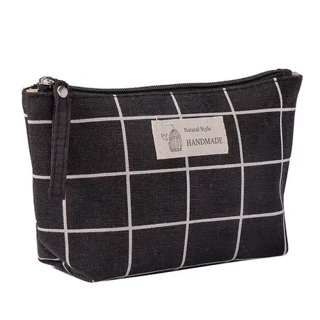 Kleine Eco Katoenen Canvas Make Up Pouch Met Rits Schoonheid Plaid Cosmetische Tassen Voor Vrouwen