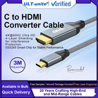Câble convertisseur ULT-unite 1m/2m/3m Ultra HD 4K 60Hz Type C vers HDMI avec gaine en PVC à blindage 4 couches pour téléphone/ordinateur portable/HDTV