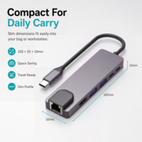 Hub USB C 6 en 1 avec HDTV 4K30Hz, RJ45 Gigabit Ethernet, PD 100W, USB 3.0, adaptateur multiport Type C pour ordinateur portable, MacBook, PC