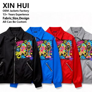 แจ็คเก็ตบอมเบอร์หนัง PU ดีไซน์เองได้ สำหรับฤดูหนาว ผู้ชาย ผู้หญิง สไตล์สตรีทแวร์ ลายกราฟฟิตี สีเขียวเข้ม ซิป บริการ OEM ขายส่ง - Product Image 3